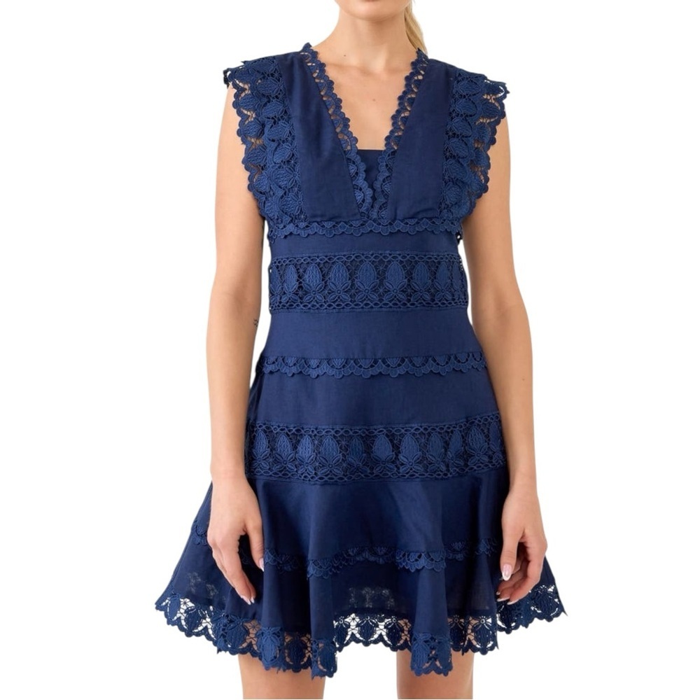 🔆 Endless Rose Navy Ruffled Tiered Lace Mini Dress, Size XS NWOT